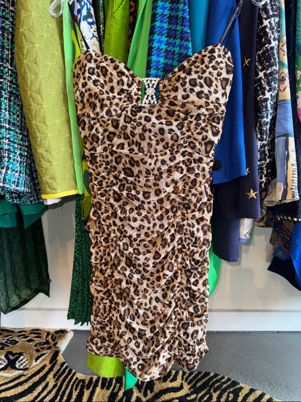 Y2K Strapless Leopard Print Ruched Mini Dress with Rhinestone Accent